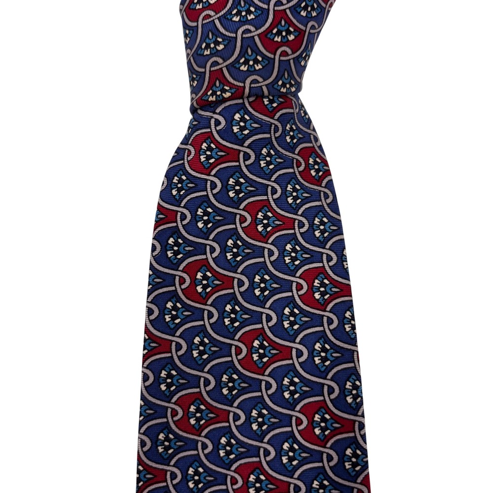 Bert Pulitzer Mens Blue Red Geometric Shell Pattern Silk Necktie USA 55x35